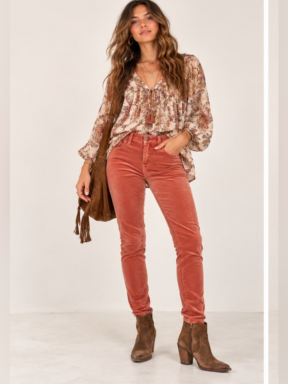 Free People Rust Salmon Colored Fall Velvet Slim Pants Size 27